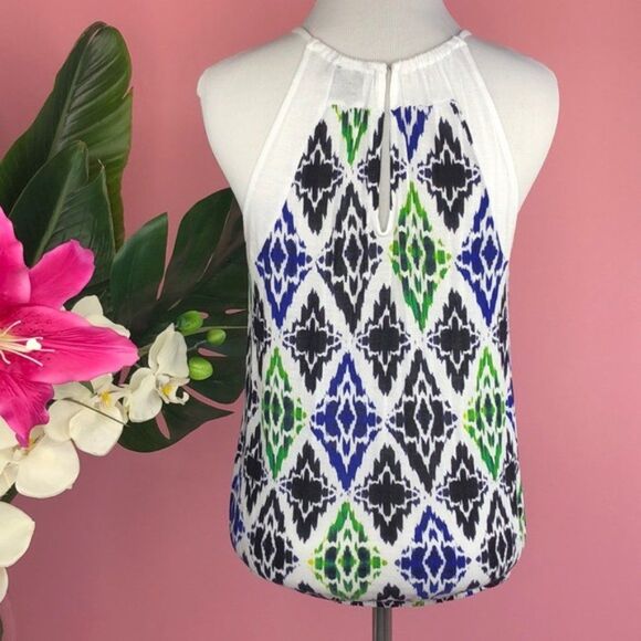 Ann Taylor White Multi IKat Printed Keyhole Top - Picture 3 of 8